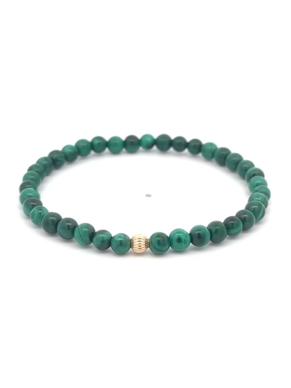 14K Gold Corrugated Accent Bead Natural Malachite Gemstone Stretch Bracelet